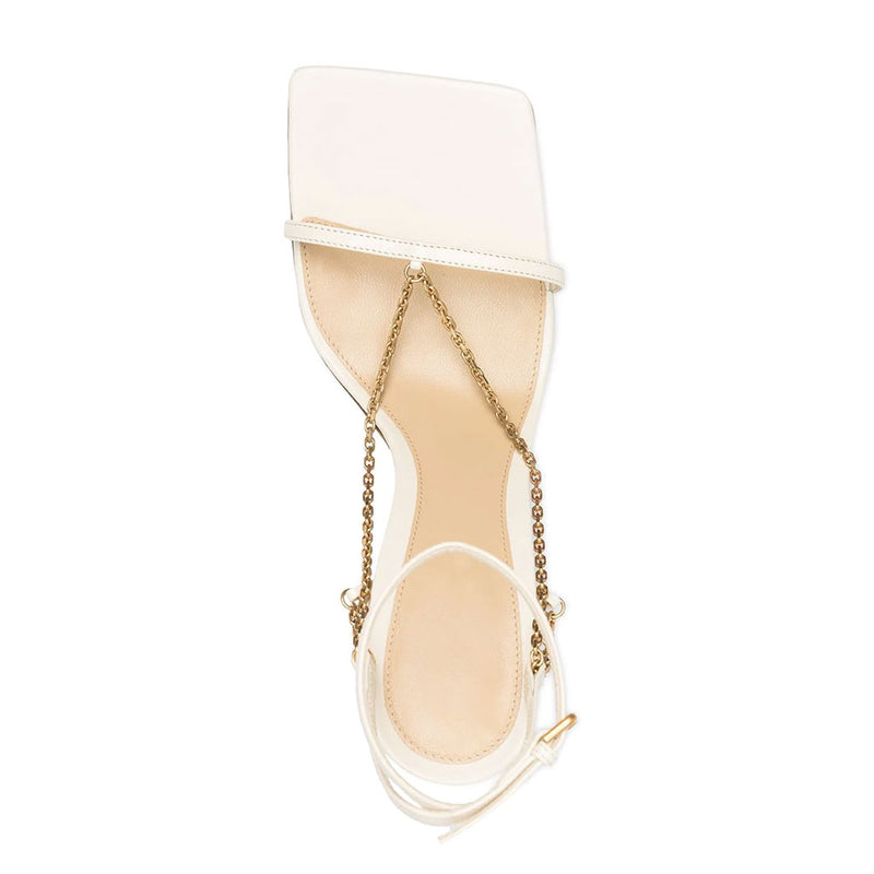 Chic Square Toe Chain Trim Strappy Stiletto Sandals - White