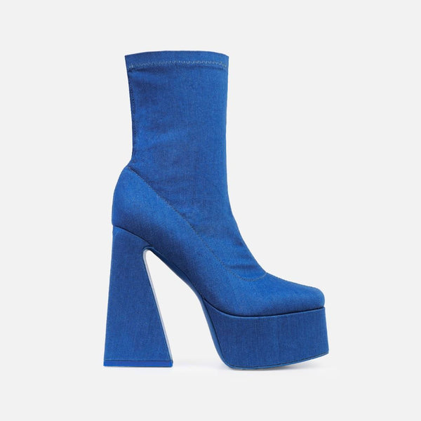 Chic Square Toe Platform Geometric Heel Ankle Sock Boots - Denim Blue