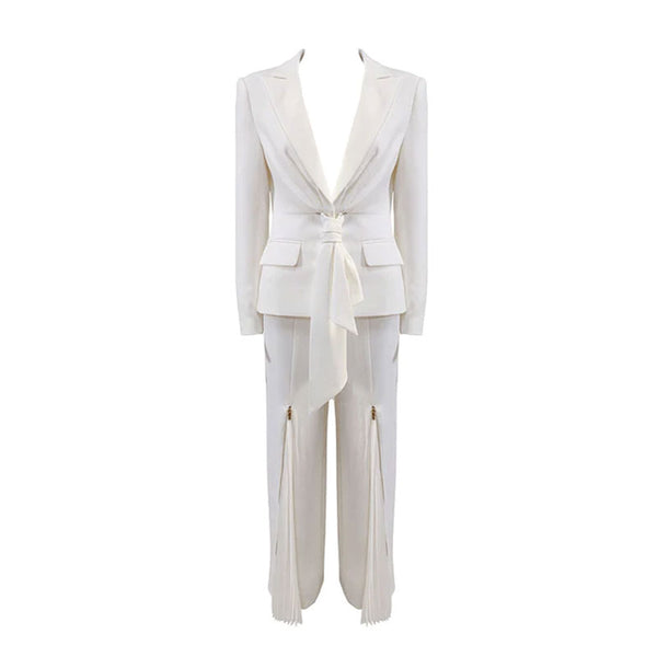 Chic Tie Front Blazer Pleated Zip Embellished Pant Matching Set - White