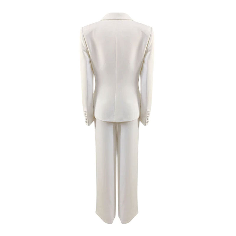Chic Tie Front Blazer Pleated Zip Embellished Pant Matching Set - White