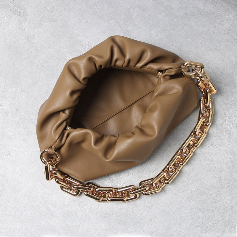 Chunky Chain Link Gathered Leather Cloud Clutch Bag - Beige