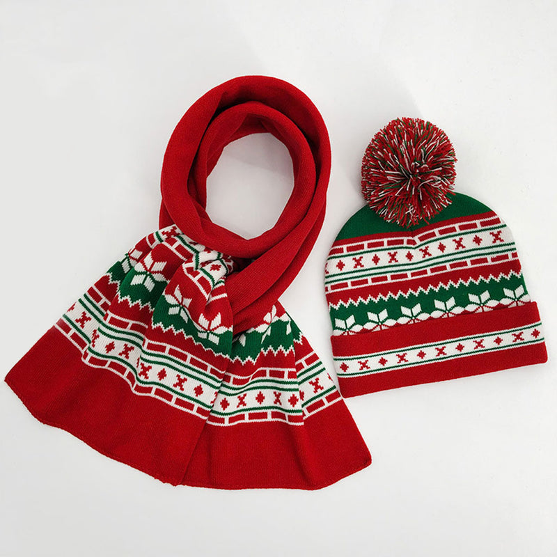 Chunky Contrast Christmas Pattern Wraparound Knitted Scarf - Red