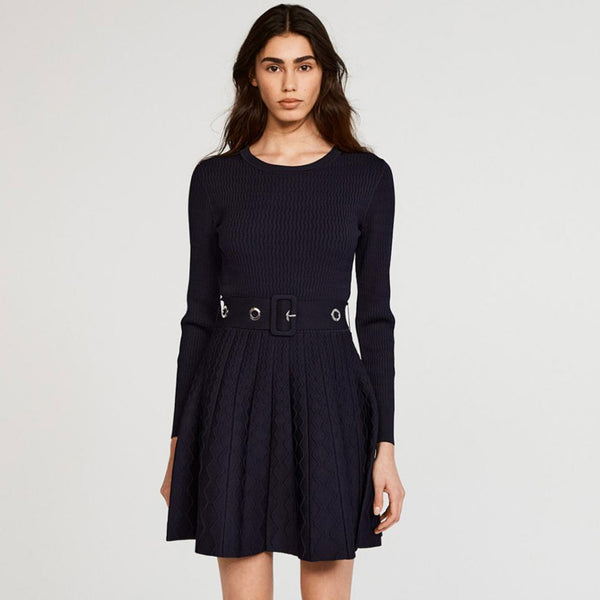 Classic Belted Long Sleeve Fit & Flare Pleated Sweater Mini Dress - Navy Blue