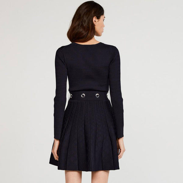 Classic Belted Long Sleeve Fit & Flare Pleated Sweater Mini Dress - Navy Blue