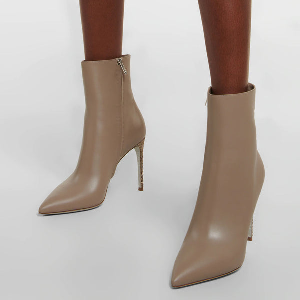 Classic Diamante Stiletto Faux Leather Pointed Toe Ankle Boots - Apricot