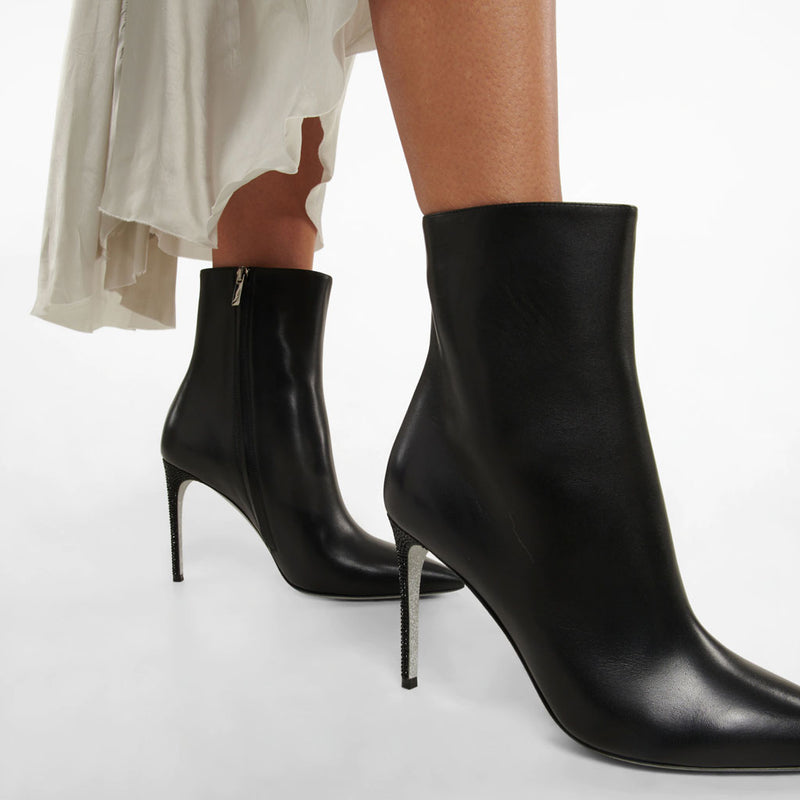 Classic Diamante Stiletto Faux Leather Pointed Toe Ankle Boots - Black