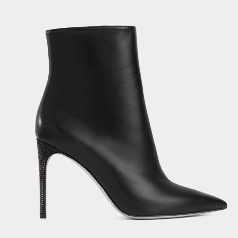 Classic Diamante Stiletto Faux Leather Pointed Toe Ankle Boots - Black