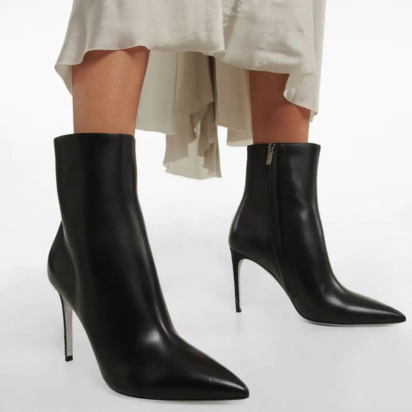 Classic Diamante Stiletto Faux Leather Pointed Toe Ankle Boots - Black
