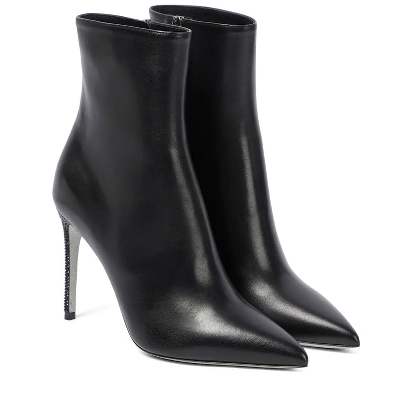 Classic Diamante Stiletto Faux Leather Pointed Toe Ankle Boots - Black