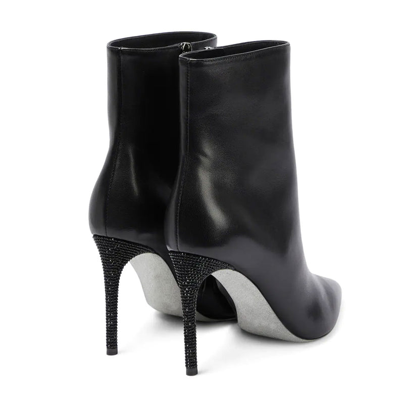 Classic Diamante Stiletto Faux Leather Pointed Toe Ankle Boots - Black