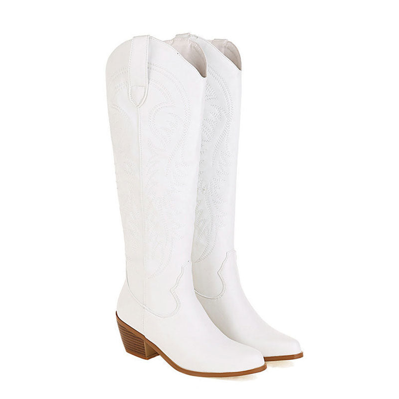 Classic Embroidered Knee High Round Toe Cuban Heel Western Boots - White
