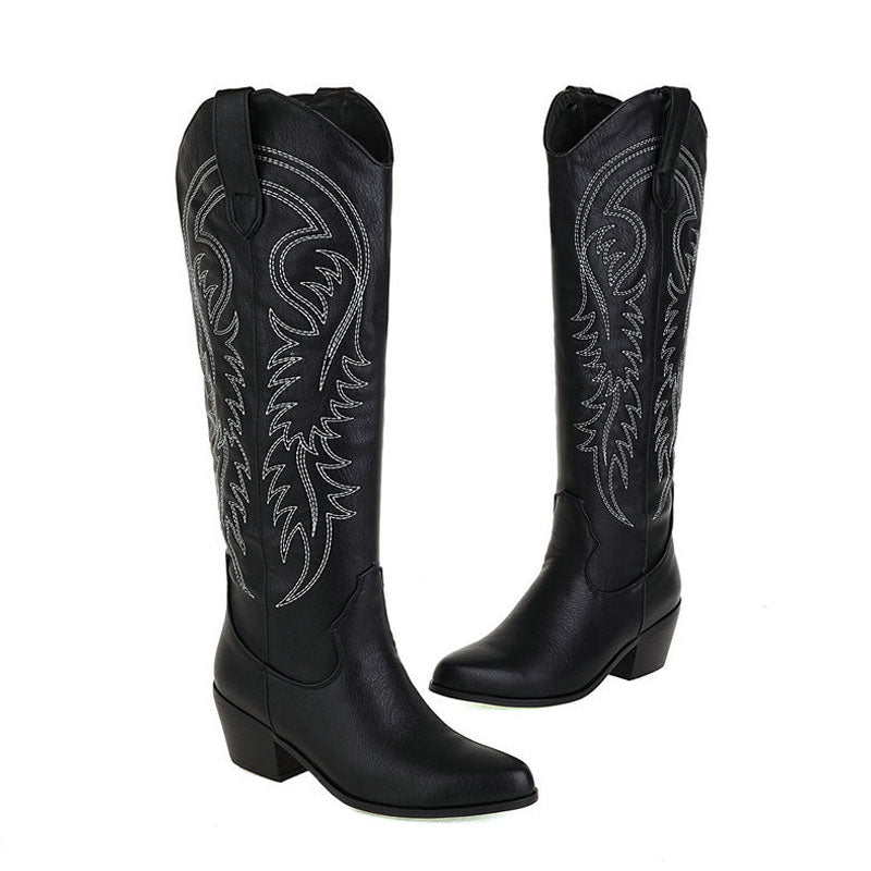 Classic Embroidered Knee High Round Toe Cuban Heel Western Boots - Black
