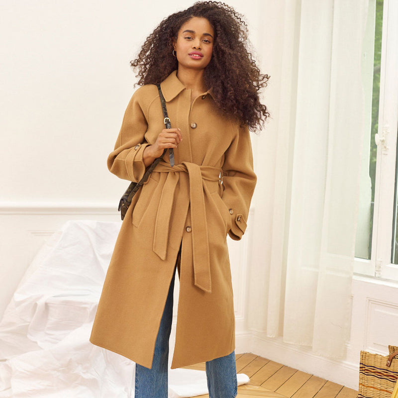 Classic Single Breasted Lapel Collar Belted Longline Woolen Coat - Camel