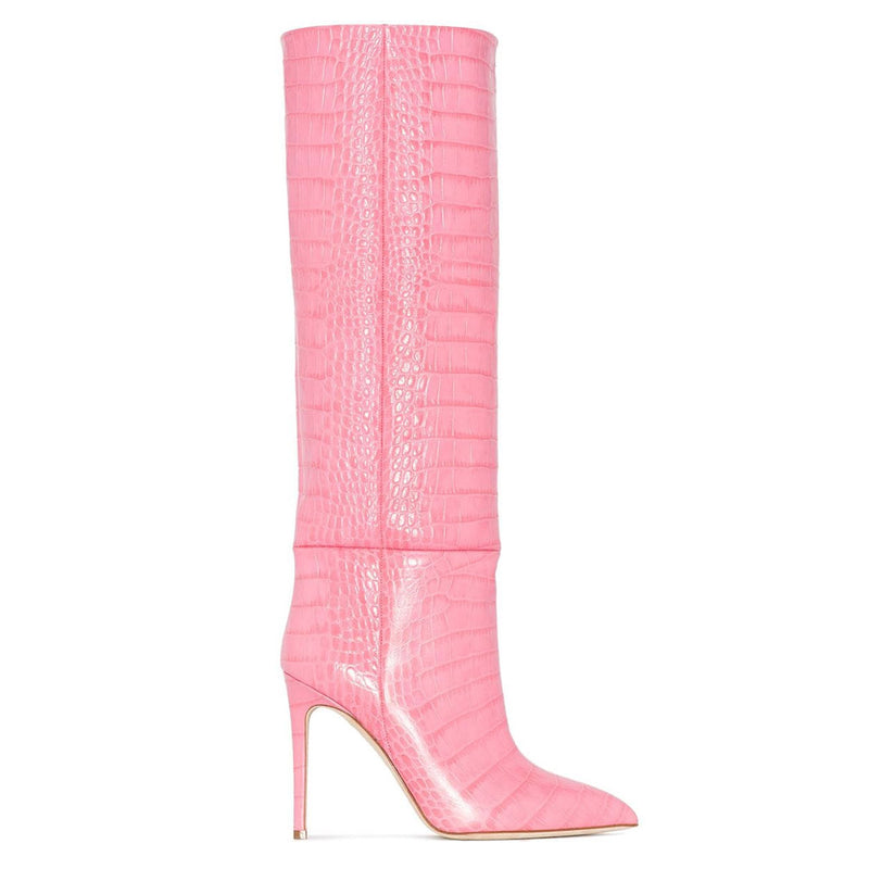 Classy Crocodile Effect Pointed Toe Knee High Stiletto Boots - Pink