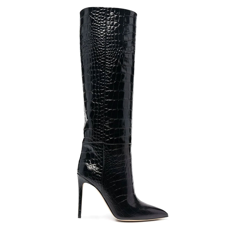 Classy Crocodile Effect Pointed Toe Knee High Stiletto Boots - Black