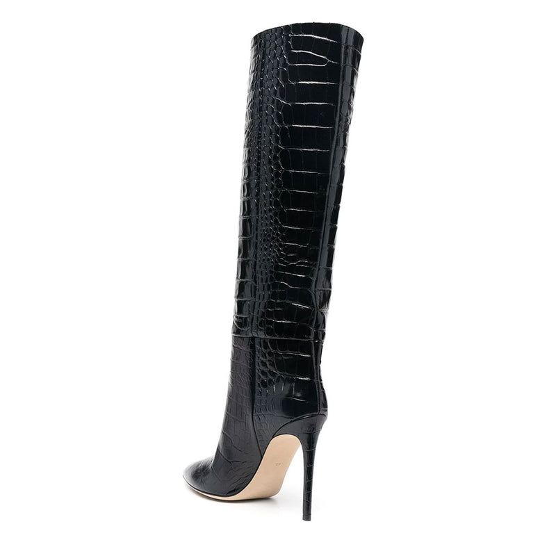 Classy Crocodile Effect Pointed Toe Knee High Stiletto Boots - Black