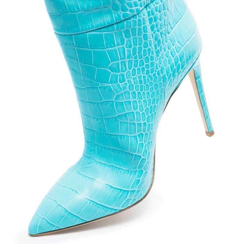 Classy Crocodile Effect Pointed Toe Knee High Stiletto Boots - Turquoise
