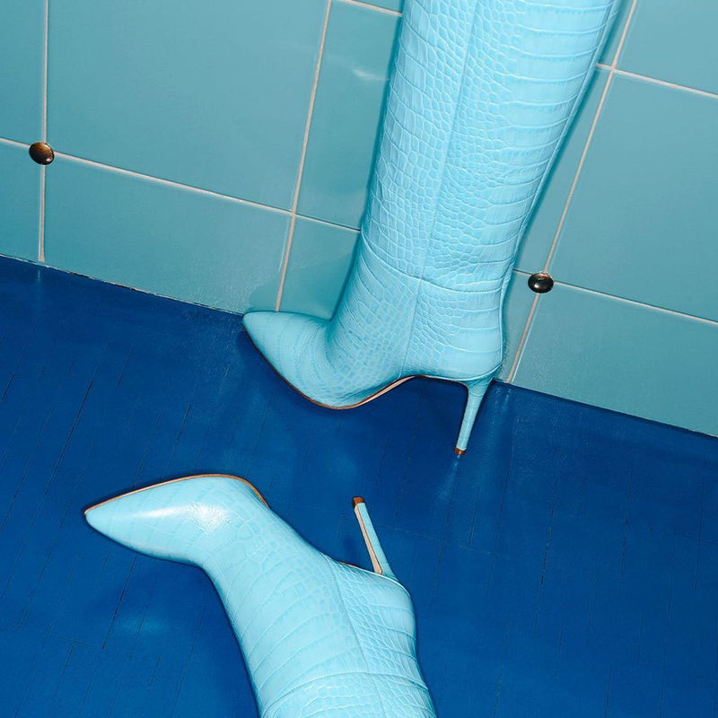 Classy Crocodile Effect Pointed Toe Knee High Stiletto Boots - Turquoise