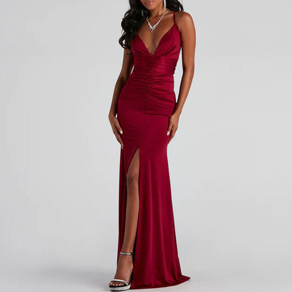 Classy Deep V Cami Open Back Front Slit Ruched Satin Maxi Dress - Red