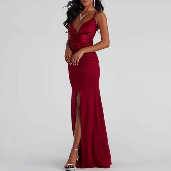 Classy Deep V Cami Open Back Front Slit Ruched Satin Maxi Dress - Red