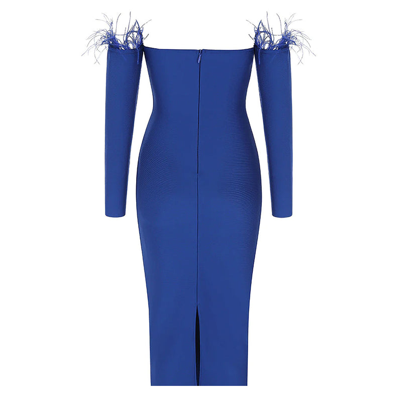 Classy Feather Off The Shoulder Back Slit Midi Bandage Dress - Royal Blue