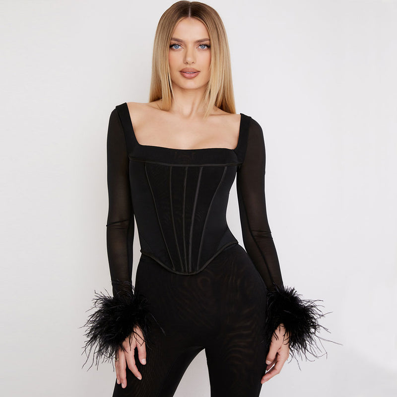 Classy Feather Trimmed Mesh Corset Long Sleeve Top - Black – Luxedress