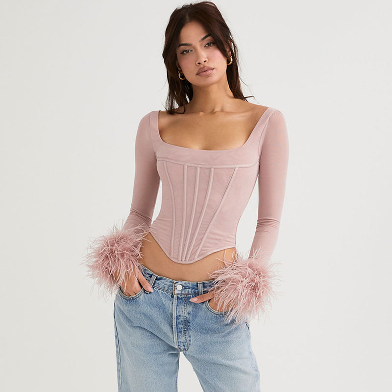 Classy Feather Trimmed Mesh Corset Long Sleeve Top - Pink