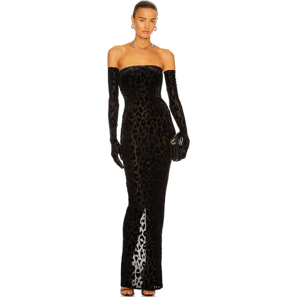 Classy Gloved Flocked Leopard Strapless Maxi Evening Dress - Black