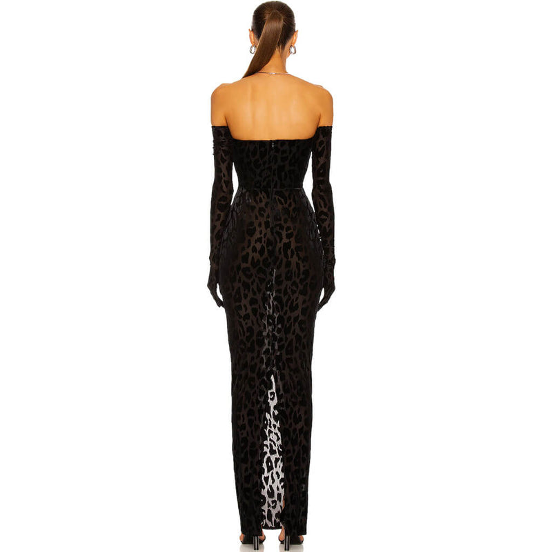 Classy Gloved Flocked Leopard Strapless Maxi Evening Dress - Black