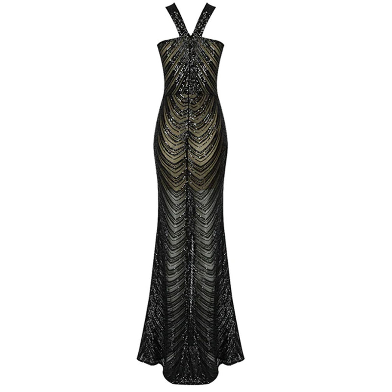 Classy Front Slit Semi Sheer Sequin Mermaid Maxi Dress - Black