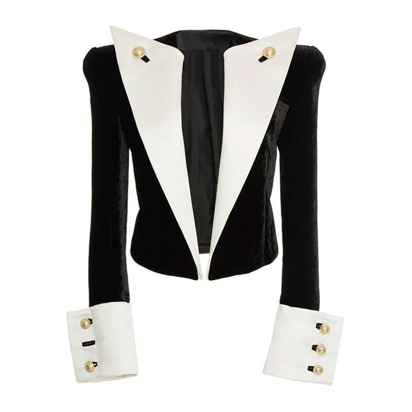Classy Gold Button Detail Contrast Peak Lapel Cropped Velvet Blazer