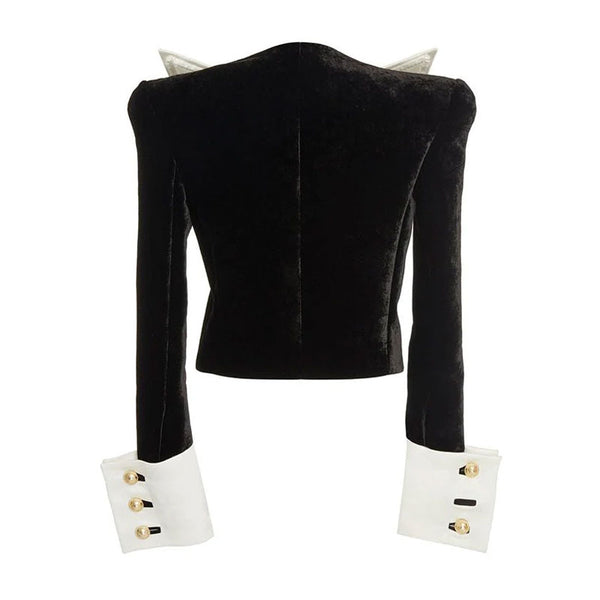 Classy Gold Button Detail Contrast Peak Lapel Cropped Velvet Blazer