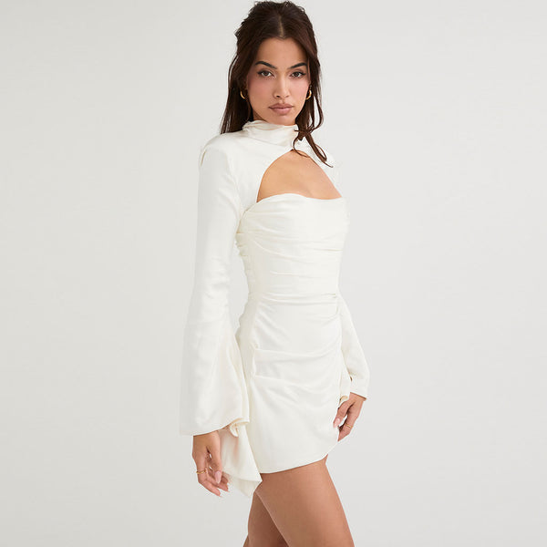 Classy High Neck Cutout Draped Satin Mini Party Dress - White