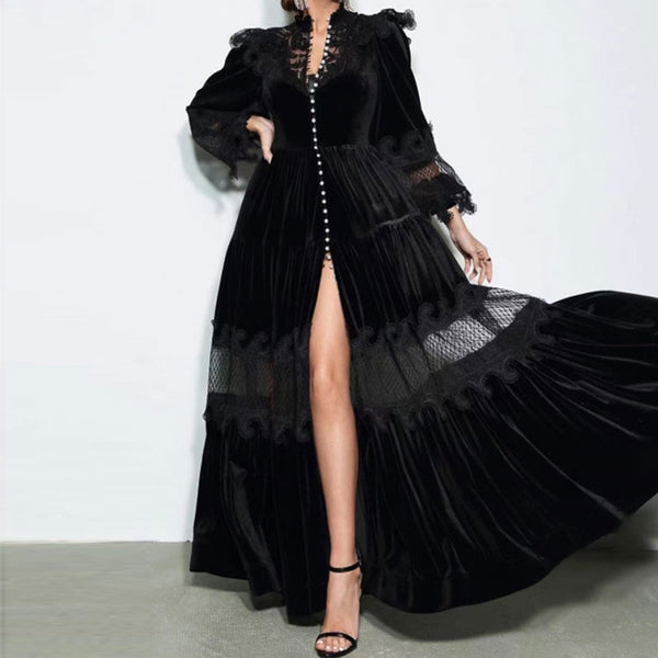 Classy Lace Panel High Neck Puff Sleeve Button Up Belted Formal Maxi Dress - Black