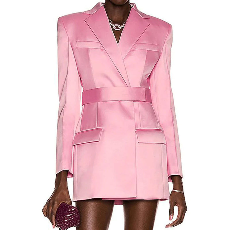 Classy Lapel Neck Long Sleeve Satin Belted Blazer Mini Dress - Pink