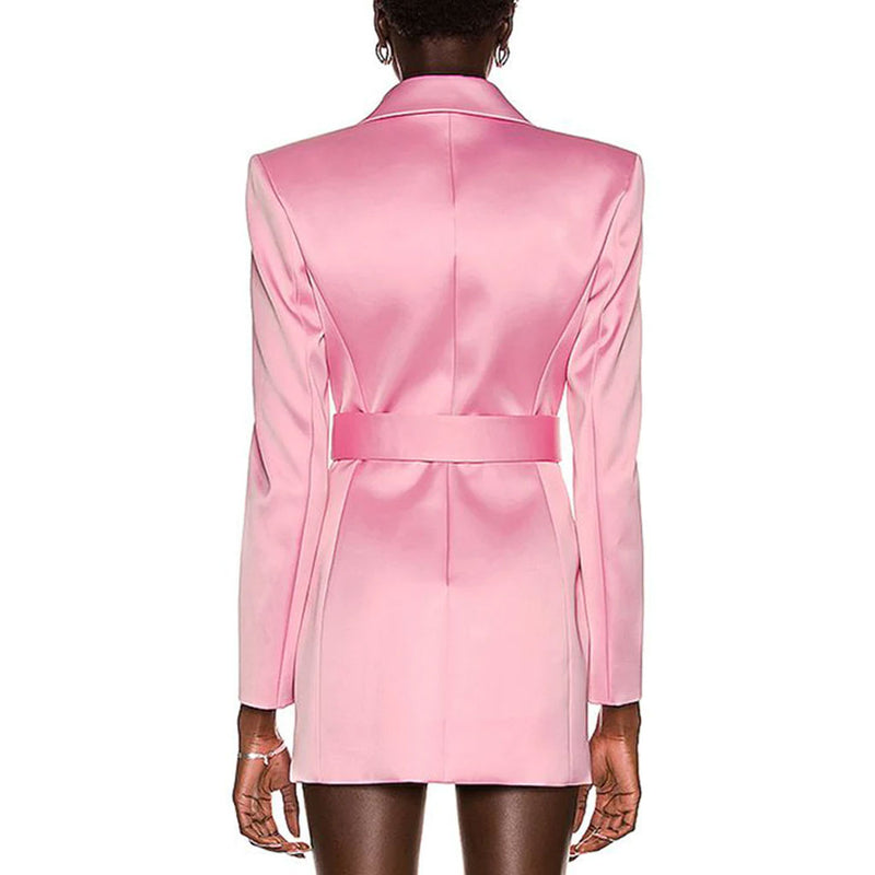 Classy Lapel Neck Long Sleeve Satin Belted Blazer Mini Dress - Pink