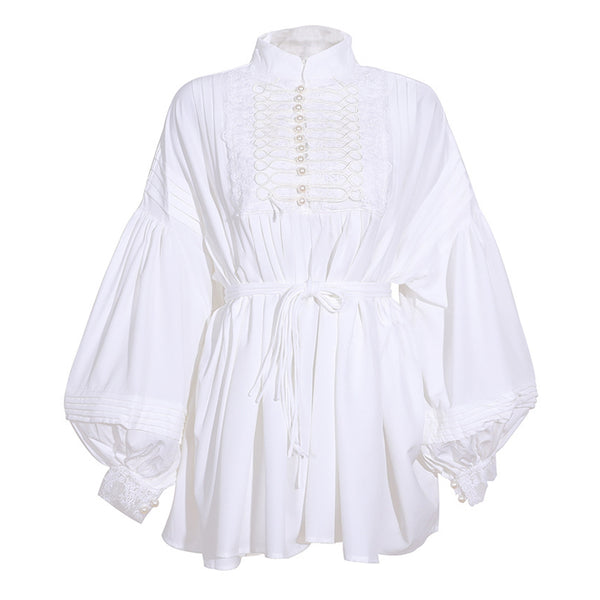 Classy Mandarin Collar Half Button Pleated Bishop Sleeve Belted Oversized Blouse
