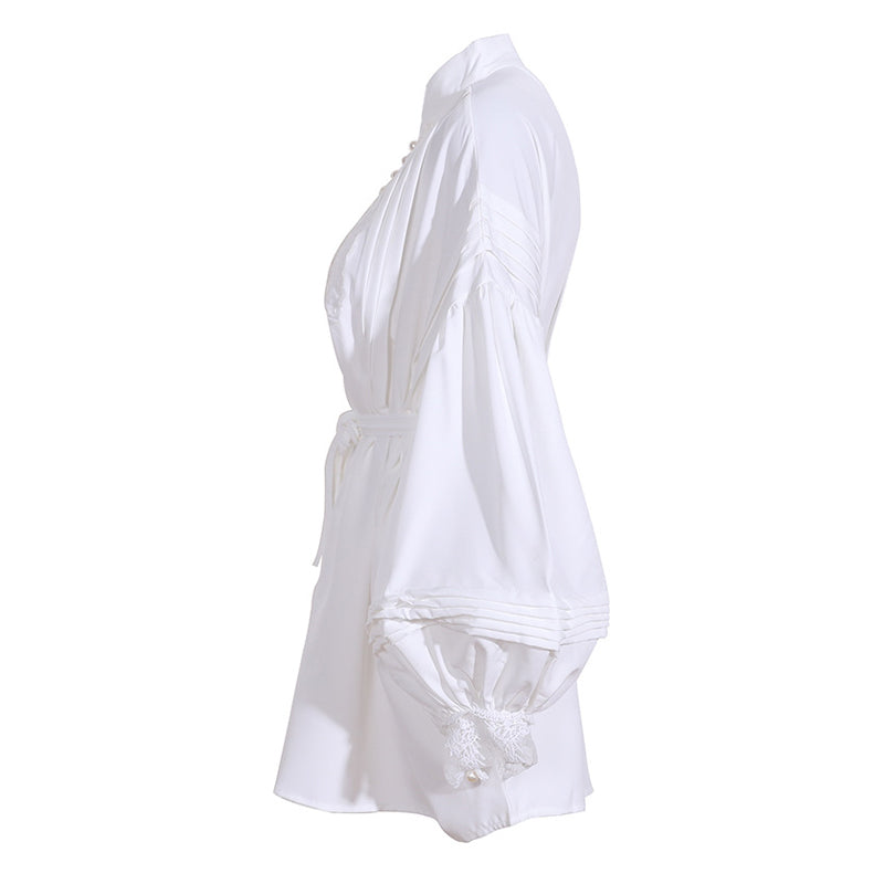 Classy Mandarin Collar Half Button Pleated Bishop Sleeve Belted Oversized Blouse