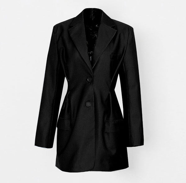 Classy Notched Lapel Single Breasted Multi Flap Pocket Pleated Tailored Long Blazer