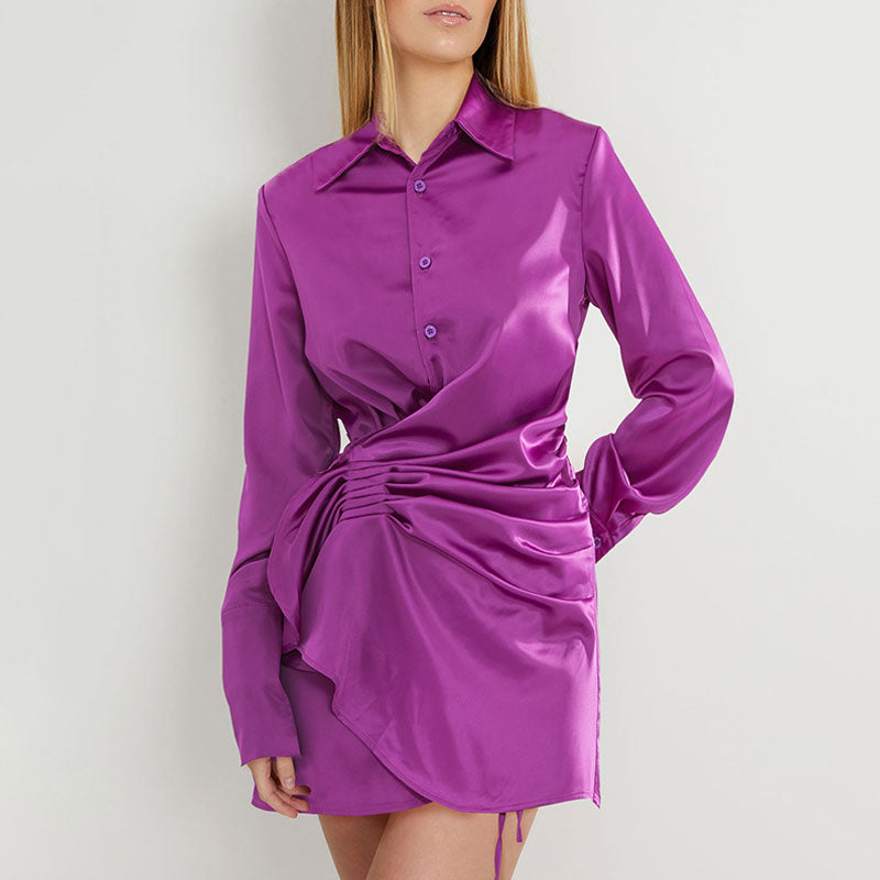 Classy Point Collar Draped Wrap Effect Satin Mini Shirt Dress - Purple