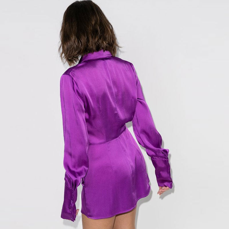 Classy Point Collar Draped Wrap Effect Satin Mini Shirt Dress - Purple