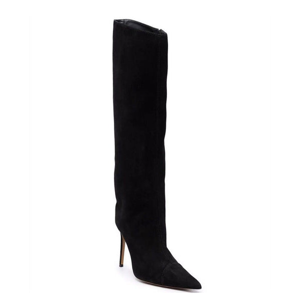Classy Pointed Toe Knee High Suede Stiletto Boots - Black