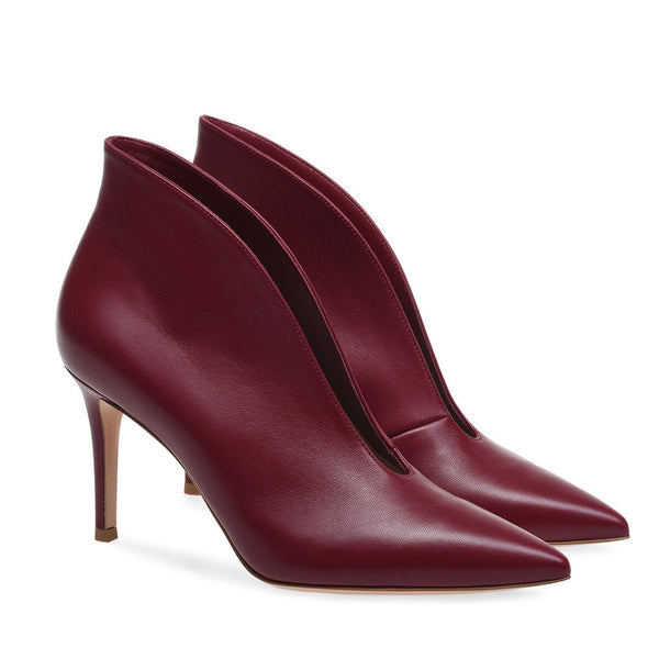 Classy Pointed Toe Stiletto Faux Leather Vamp Ankle Boots - Burgundy