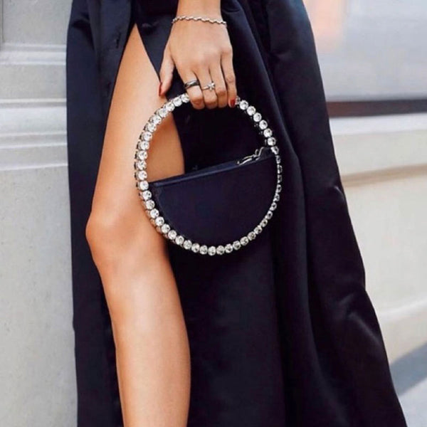 Classy Rhinestone Embellished Circular Satin Clutch Bag - Black