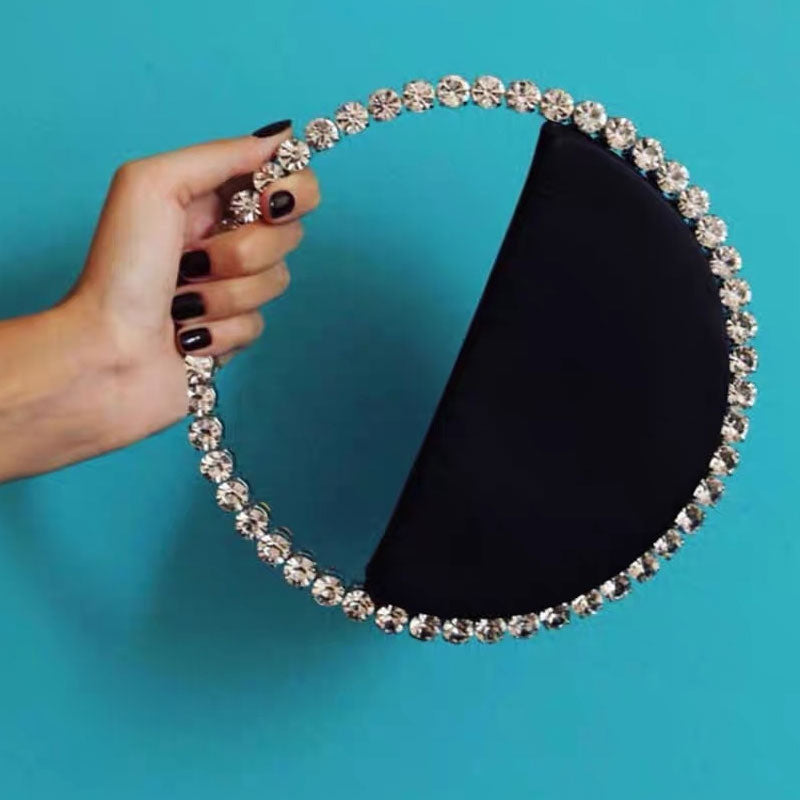 Classy Rhinestone Embellished Circular Satin Clutch Bag - Black