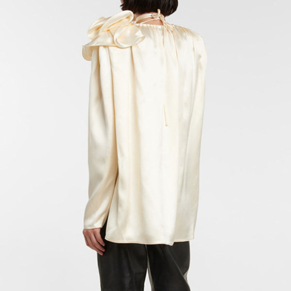 Classy Ruffled Corsage Puff Sleeve V Neck High Low Hem Satin Blouse - Champagne