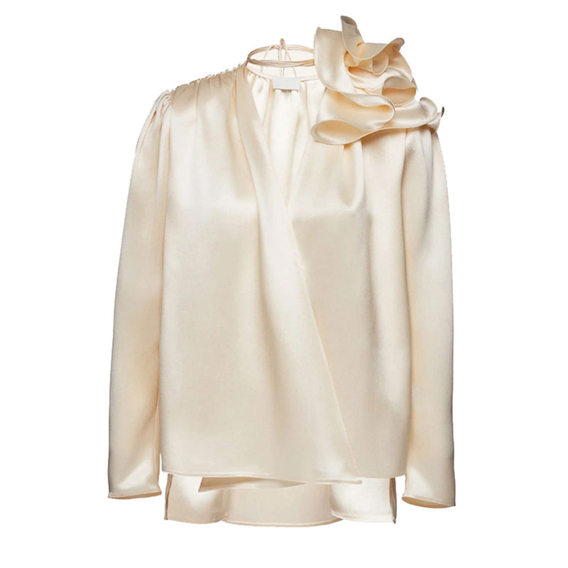 Classy Ruffled Corsage Puff Sleeve V Neck High Low Hem Satin Blouse - Champagne