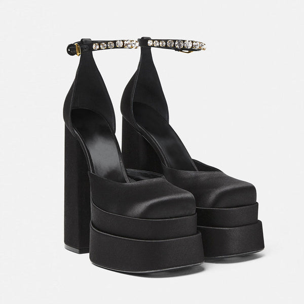 Classy Satin Square Toe Ankle Strap Chunky Heel Platform Sandals - Black
