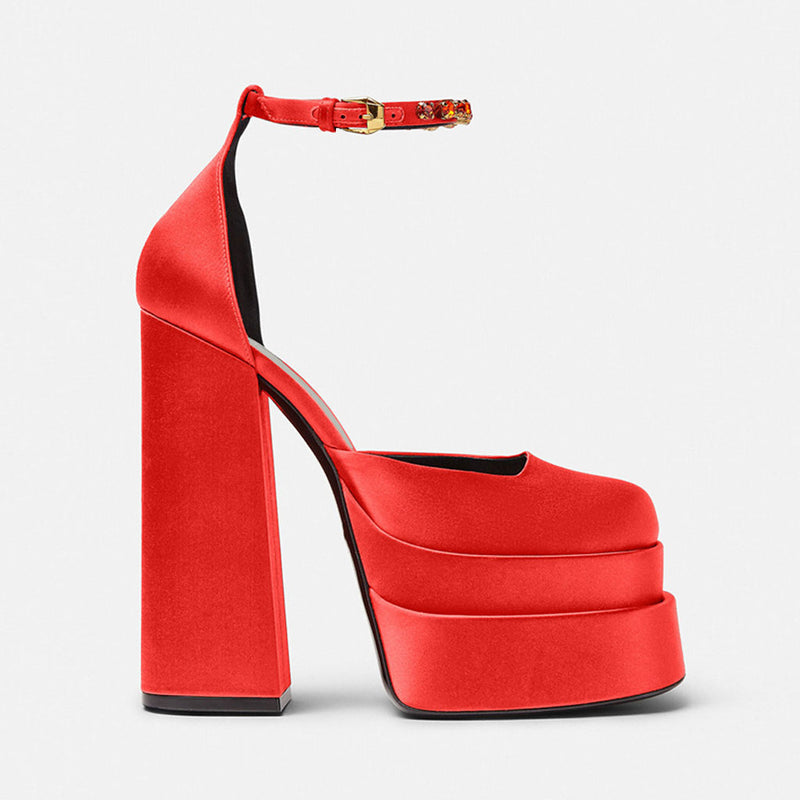 Classy Satin Square Toe Ankle Strap Chunky Heel Platform Sandals - Red