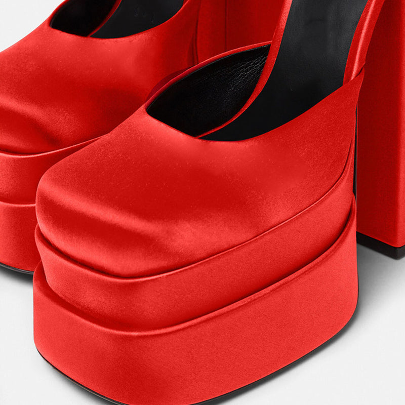 Classy Satin Square Toe Ankle Strap Chunky Heel Platform Sandals - Red